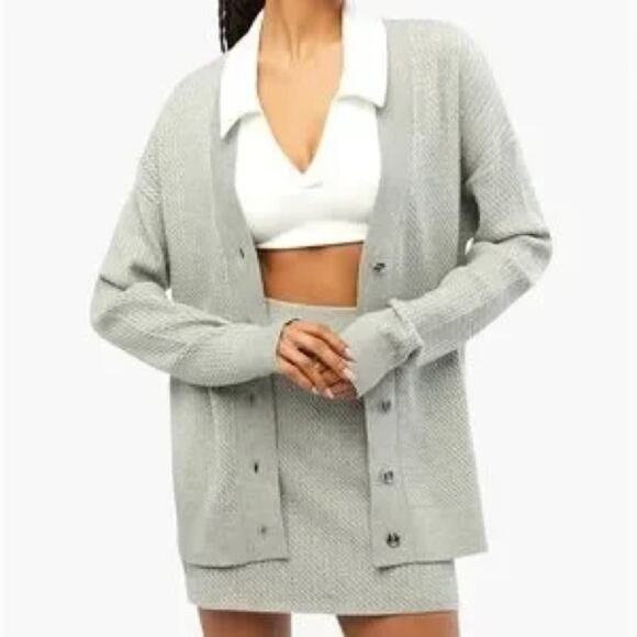 WeWoreWhat Varsity Tennis Sweater V-neck Cable Cardigan Sz M L NWT Heather Gray - Picture 1 of 9